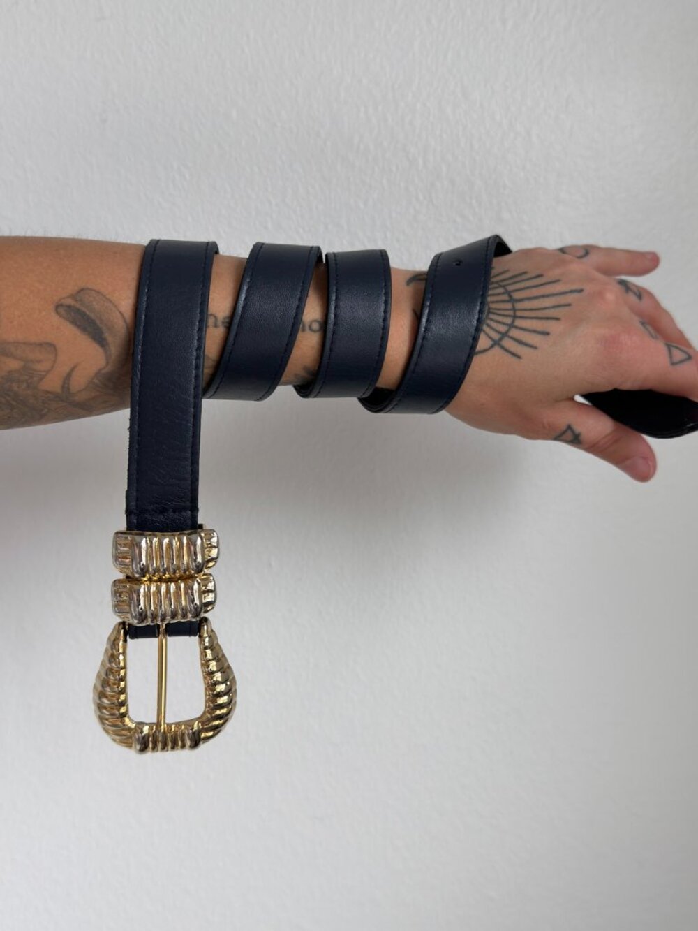 Vintage Navy Leather Belt Gold Statement Buckle Womens M Western Retro